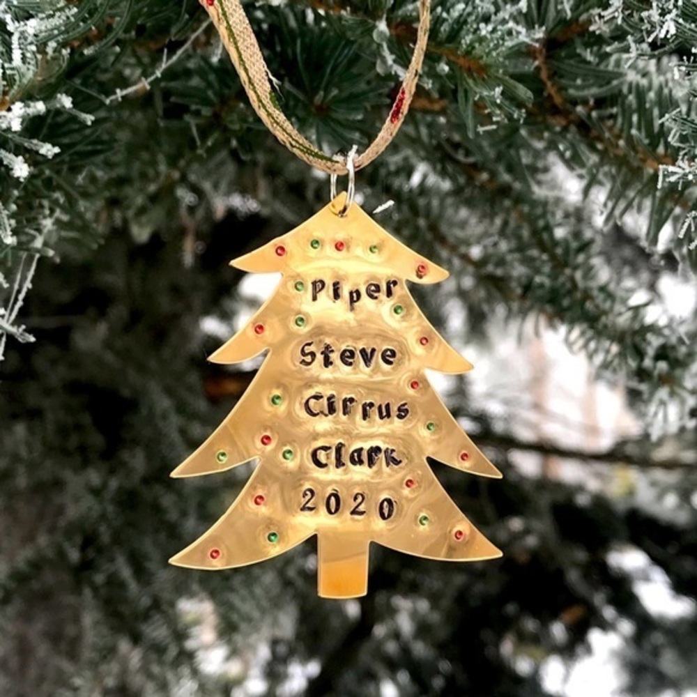 Handmade Personalized stamped gold tree Brass Holiday Christmas Ornament‎